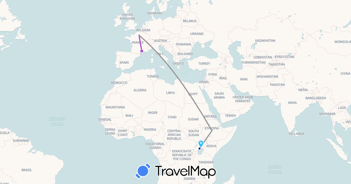 TravelMap itinerary: driving, plane, train, boat in Ethiopia, France, Uganda (Africa, Europe)