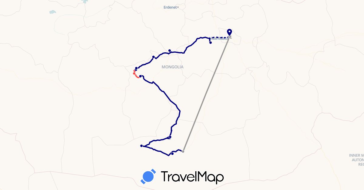 TravelMap itinerary: driving, plane, hiking in Mongolia (Asia)